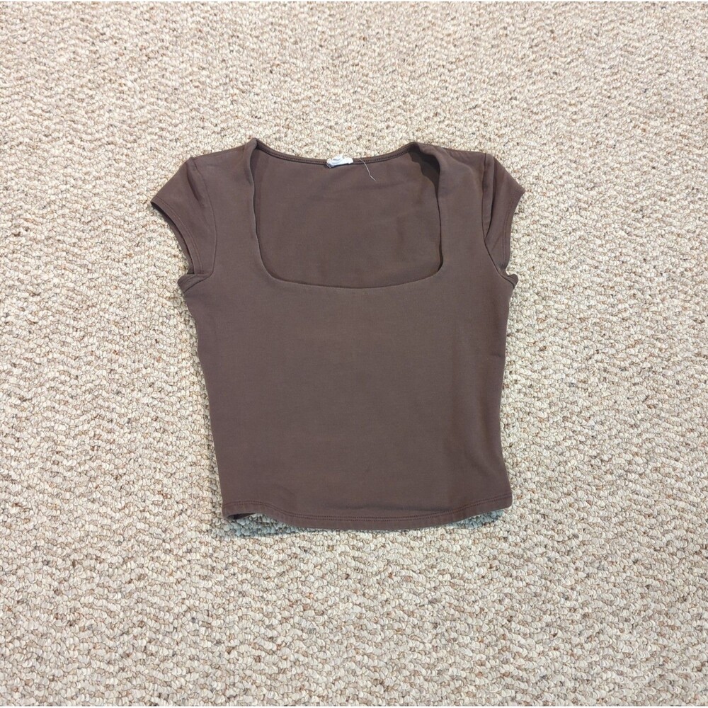 Garage Portia Square Neckline Shirt Top Womens XS Brown Stretch Cap Sleeve Crop